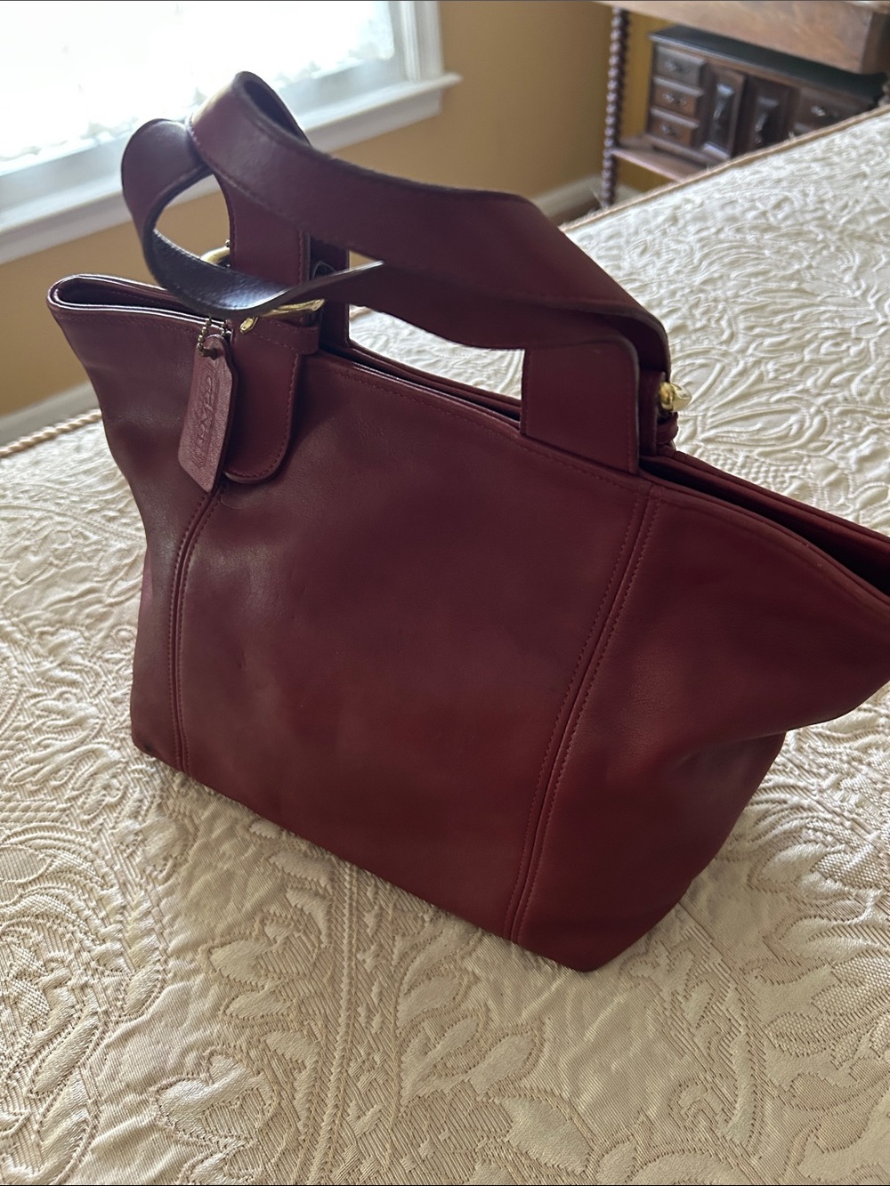 Coach Burgundy Leather Tote with Gold Accents
